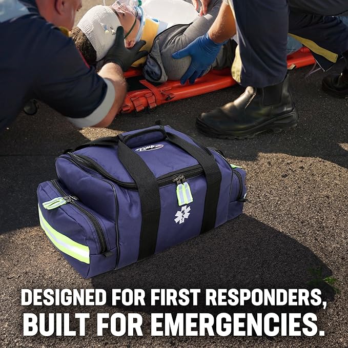 Kemp USA Maxi Trauma Bag Navy Blue Large EMT First Responder Medical Supply Storage Water Resistant 600D Nylon First Aid Survival Gear Organizer with Reflective Trim Adjustable Strap