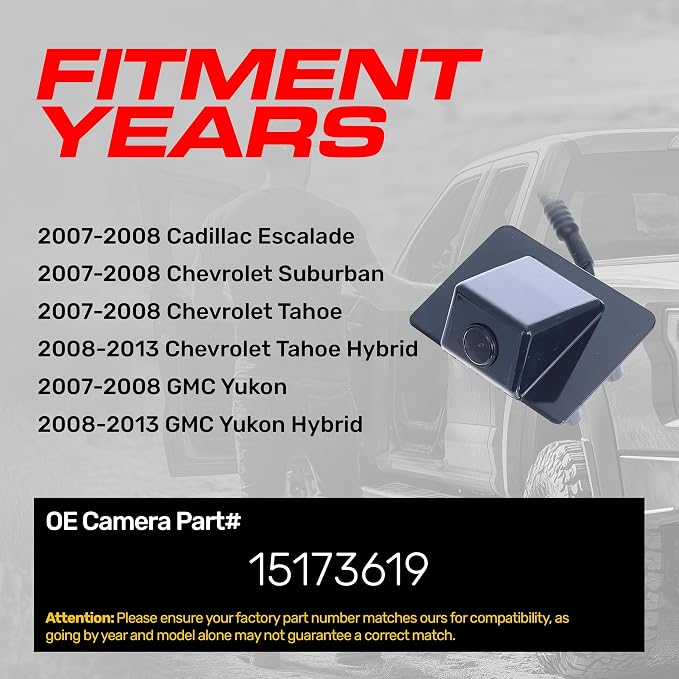 Master Tailgaters Replacement for Cadillac Escalade (07-08) / Chevrolet Suburban (07-08), Tahoe (07-08), Tahoe Hybrid (08-13) / GMC Yukon (07-08), Yukon Hybrid (08-13) Backup Camera OE Part # 15173619