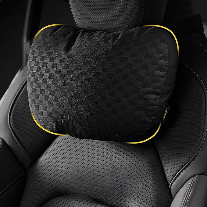 3W Headrest Pillow for Driving with Bio-Fleece Filling, Breathable Suede Cover, Ergonomic Design for Pain Relief, Cushion with Adjustable Strap for Car Automative, Black