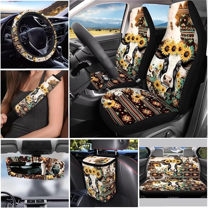Aztec Cow Car Seat Covers Full Set with Steering Wheel Cover Car Seat Belt Cover Rear View Mirror Cover Car Trash Can Car Coasters Wristlet Keychain Keychains，12 Pieces
