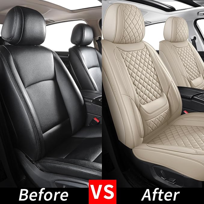 Beige Leather Car Seat Covers Front Seat Breathable Seat Protectors Waterproof Automotive Seat Covers Universal Fit for Most Cars SUVs Trucks Vehicles