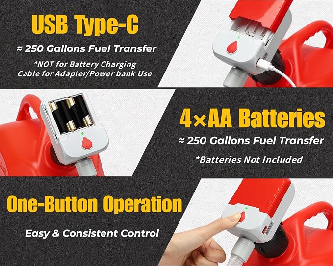 Fuel Transfer Pump with Auto-Stop, 3.8 GPM Battery or USB Powered Cordless Gas Pump, Portable Electric Pump for Gas Can with 51" Hose & 4 Adapters for Gasoline, Diesel, Oil–Spill-Free Refueling