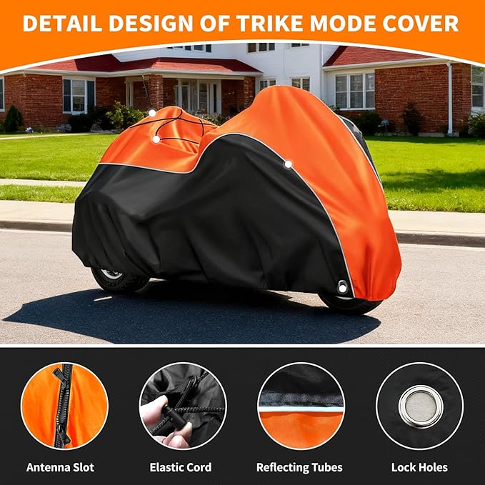 COVERVIN Trike Cover, Waterproof 3 Wheel Motorcycle Cover for Harley Honda Goldwing Freewheeler Tri Glide Ultra, with Antenna Opening, Windproof Buckles & Reflective Strips (Black&Orange)