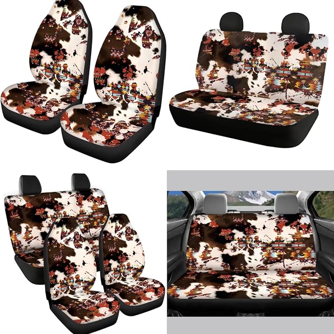 Southwestern Aztec Cow Print Car Seat Covers Full Set Brown Cow Car Accessory Universal Fit Front and Split Bench Rear+Steering Wheel Cover+Seatbelt+Key+Center Console Armrest Pads for Cars