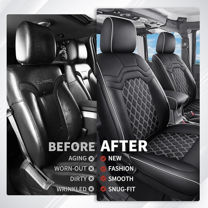 Huidasource F350 Front Leather Seat Covers Black&White, Full Wrap Automotive Seat Cushion Cover Fit for Ford F150 2015-2026, F250 F350 F450 2017-2026 All Cab XL XLT Lariat King Ranch Platinum