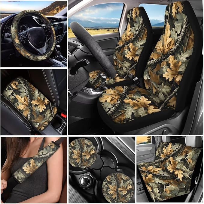 Camouflage Hunting 13 Pcs Car Seat Covers Full Set with Auto Steering Wheel Cover Armrest Cushion Protector Seat Belt Covers Automotive Interior Sets Universal Fit for Cars SUV