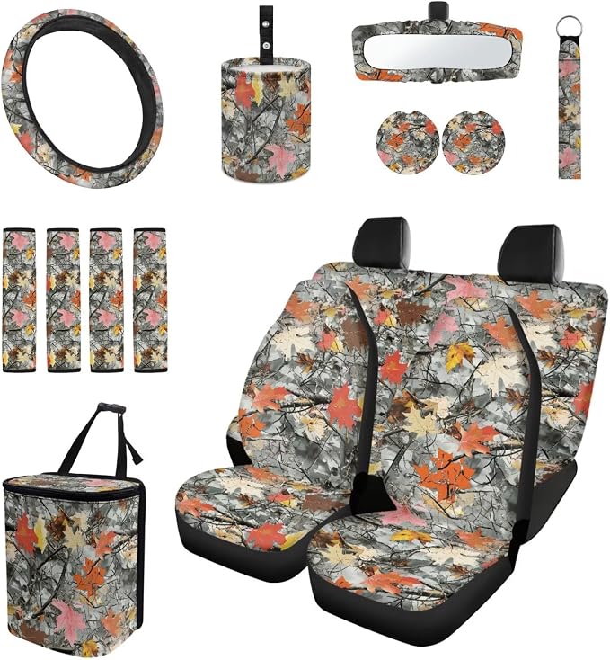 Camo Maple Leaf 15Pcs Car Seat Cover Full Set Car Steering Wheel Cover Seat Belt Cover Trash Bin Front Rear View Mirror Car Cup Holder Keychain