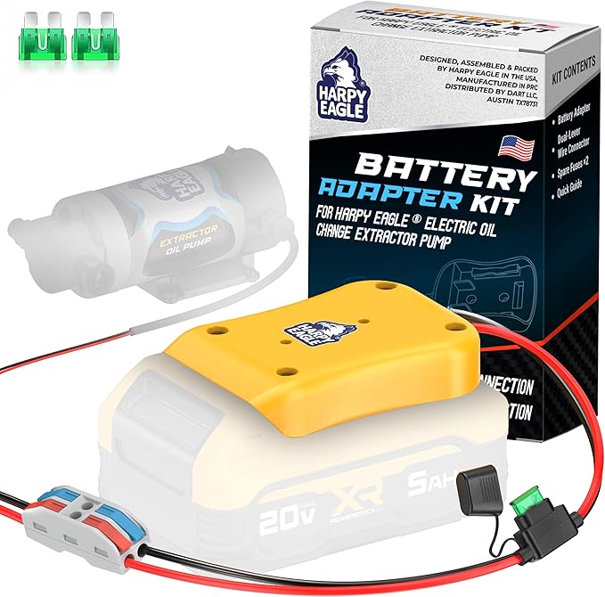 Harpy Eagle Battery Adapter for Yellow 20V MAX Batteries – Compatible Oil Extractor Pump – Includes 30A Fuse, WAGO Connectors & 12AWG Wires – Battery & Pump Not Included