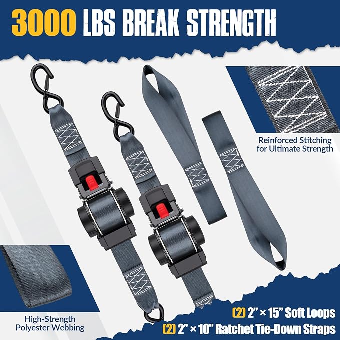 2 Pack Retractable Ratcheting Straps - 2 Inch x 10 Feet | 3,000lbs Break Strength, Heavy-Duty Ratchet Tie-Down Straps for Moving, Cargo,Truck, Motorcycle