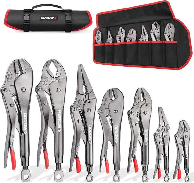 ARROW 7-piece Locking Pliers Set with Rolling Pouch, Chromium-Molybdenum Vice Grips, 5"/7" Curved Jaw, 6.5"/9" Long Nose, 7"/10" Straight Jaw, 10" V-Jaw Vise Grip Pliers