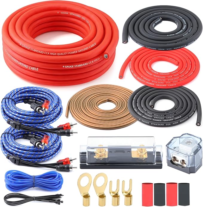 4 Gauge Dual Amplifier & Subwoofer CCA Wiring Kit - with 100A ANL Fuse, 17FT OFC RCA Cables & 14AWG Speaker Wire | Complete Power/Ground Wire Set with Distro Block