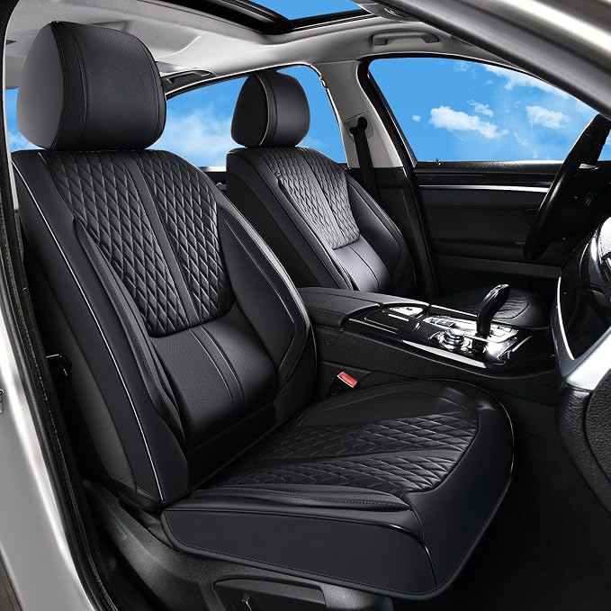 Huidasource Seat Covers, Luxury Nappa Leather Car Seat Cover with Velcro Adjustable, Airbag, Lumbar Support, Cooling ＆ Heating, Seat Covers Full Set Universal Fit for Most Cars SUV Trucks, Black