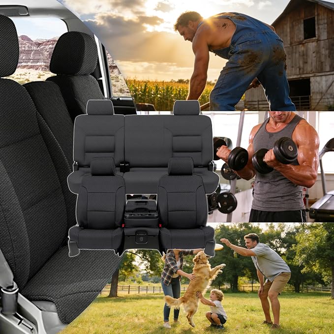 Seat Covers for Chevy Silverado & GMC Sierra 1500 2014 2015 2016 2017 2018 Front & Rear 60/40 Split Bench Full Set Foam Padded Heavy-Duty Automotive Seat Cover Set - Black