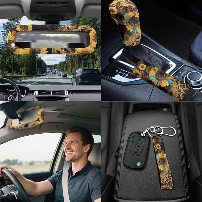 Leopard Sunflower Print Car Seat Covers Full Sets of 18 Pack Sunflower Print Car Interior Accessories Sets with Belt Pads Cover Car Headrest Covers Auto Trash Bag Steering Wheel Cover