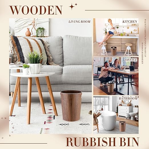 Threehoney 2 Pack 2.3 Gallons Wood Trash Can Wastebasket Natural Wood Round Wastebasket Small Trash Bin for Home, Office Under Desk, Kitchen, Bedroom, Hotel, Room (Walnut Color,Flat)