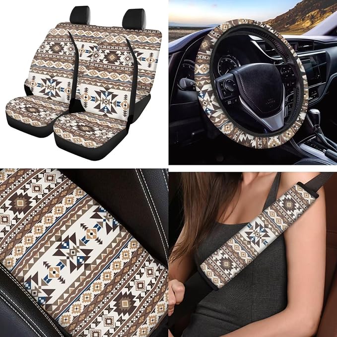 Fashion Aztec Car Seat Covers Sets 12 Pieces Center Console Cover Car Steering Wheel Cover Seat Belt Pads Car Interior Accessories Universal Fit for Cars SUV