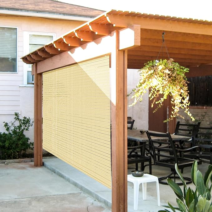 E&K Sunrise 4'W x 15'H Roll Up Shade Outdoor Hollow Out Roller Blind Sun Shade for Patio Porch Backyard Gazebo Deck Pergola (Beige)