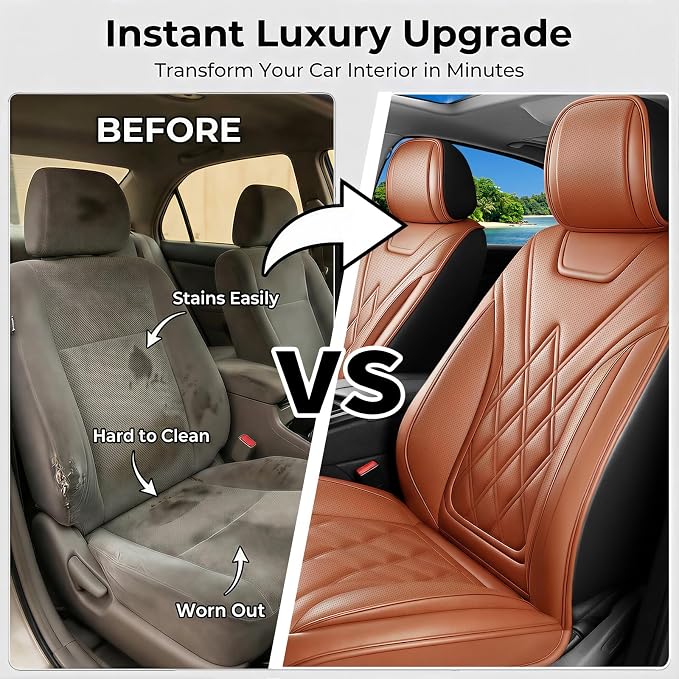 Fit Expedition Car Seat Covers for Ford Expedition 2011-2025 2026(Only 5-Seat Version) - Luxury Leather, All-Weather Seat Cushions, Waterproof, Airbag Compatible, 2 Front Seats Only (Brown)