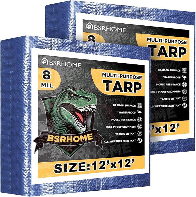 Tarps Waterproof 12x12 Feet, 2 Pack Heavy Duty Blue Tarp Cover 8 Mil Thick, Resistant Plastic Tarpaulin with Metal Grommets, Outdoor Tent Cover for Emergency Rain