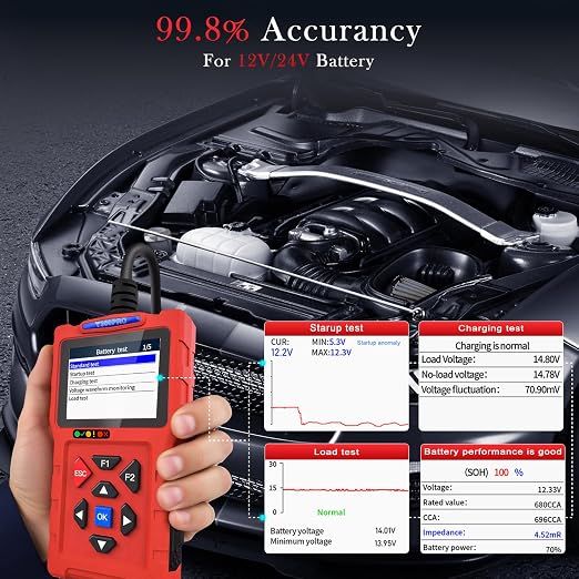 Car Scanner and Battery Tester 12v / 24v Automotive, 20-2000 CCA Car Battery Tester and Check Engine Code Reader, T300PRO