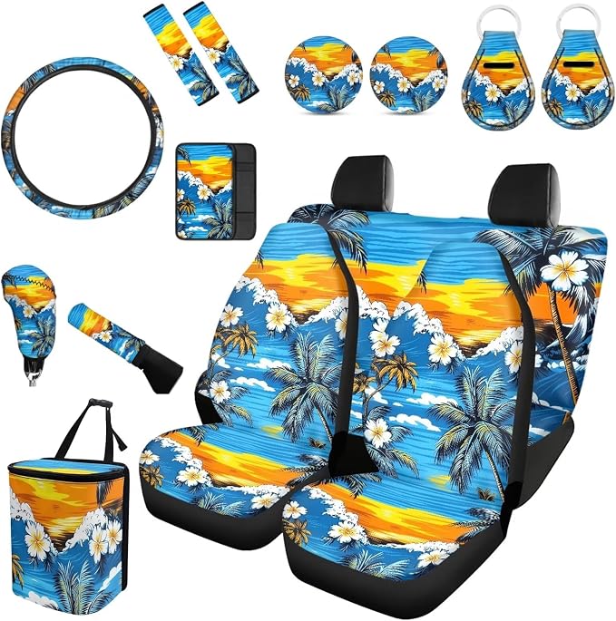 Forchrinse Palm Floral Blue Ocean Car Seat Covers for Women Hawaii Seat Cover Combo Set with Steering Wheel Armrest Seatbelt Covers Trash Can Key Chain,15Pcs Car Interior Set