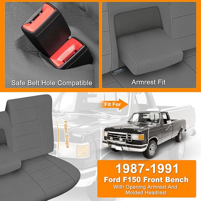 Truck Seat Cover Compatible with 1987-1991 Ford F150 Front Bench with Opening Armrest and Molded Headrest, Charcoal