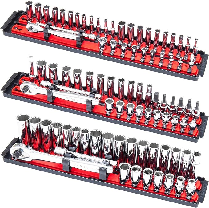 ERNST Socket Boss Combo 3-Pack Tool Organizer with Twist-Lock Technology, Red, Model 8510A – Secure Storage for Socket Wrench Sets - Made in USA