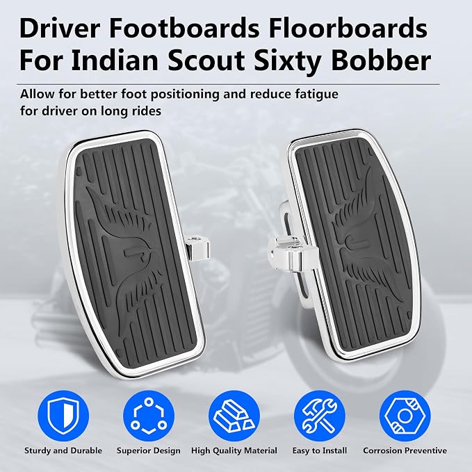 D-shaped Driver Footboards Front Rider Foot Rest Floorboards for Indian Scout Sixty Bobber 2015-2025 Models Foot Pegs Accessories(Chrome, J Wings)