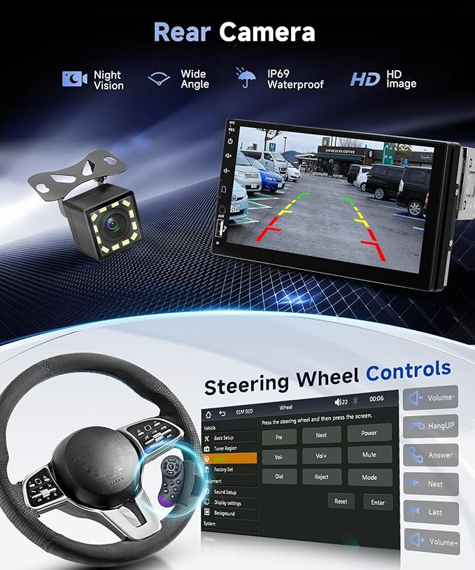 Single Din Car Stereo with Wireless Carplay Android Auto, 7 Inch Touch Screen Car Stereo 1 Din with Backup Camera Car Radio Support Mirror Link Bluetooth 5.0 FM USB EQ Steering Wheel Control