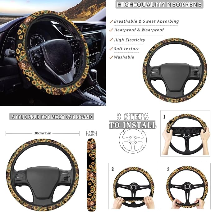 Dreaweet Car Seat Covers Full Set with Steering Wheel Cover/Armrest Cover/Seatbelt Covers/Cup Coasters/Gear Shift Cover/Handbrake Cover,12 Pcs Aztec Highland Cow Sunflower Car Accessories Deocr