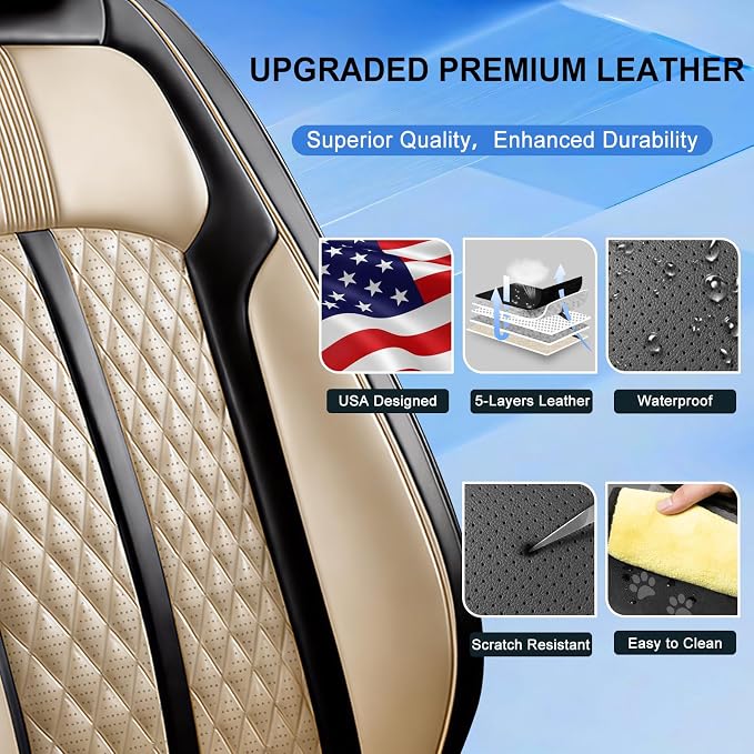 Fit XT4 Car Seat Covers for Select Cadillac XT4 2019-2026, Premium Full Coverage Leather, Airbag Compatible & Scratch-Resistant, Waterproof & All Weather Seat Protector, Front Pair Black+Beige