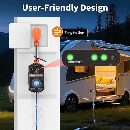 Vehiker 16000 Joules-RV Surge Protector 30 Amp with Display, RV Power Surge Voltage Protection, RV Adapter Plug for Camper, Circuit Analyzer for Travel Trailers with Waterpoof Cover