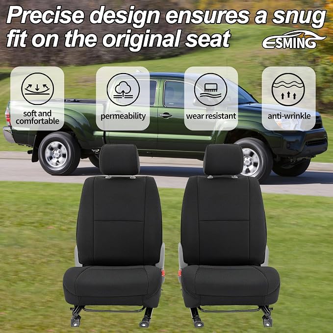 ESMING Custom Fit Seat Covers Compatible with Toyota Tacoma Crew Cab 2005 2006 2007 2008 2009 2010 2011 2012 2013 2014 2015 Front for Non-Folding Passenger Seat - Black