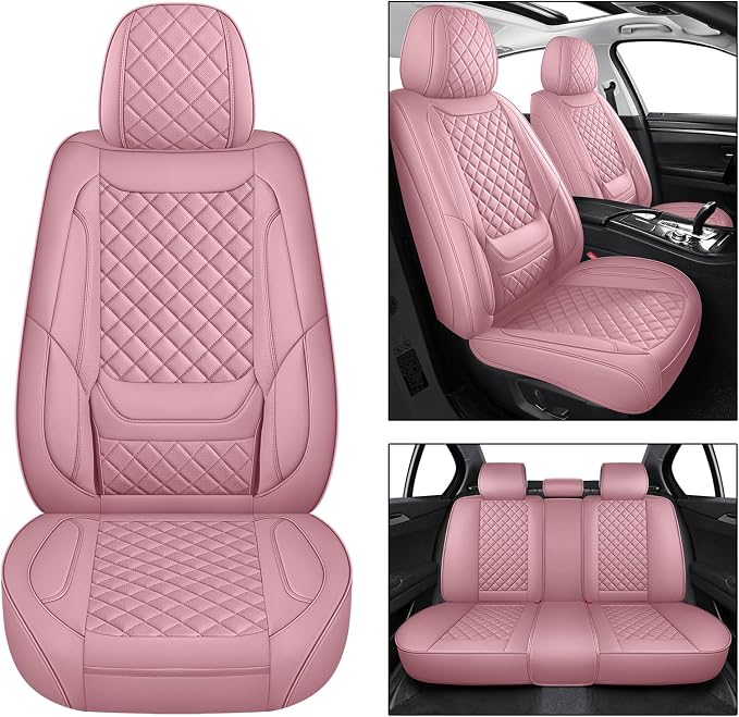 Pink Leather Car Seat Covers Full Set Breathable Seat Protectors Waterproof Automotive Seat Covers Universal Fit for Most Cars SUVs Trucks Vehicles