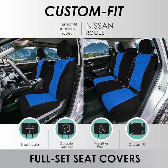 FH Group Custom-Fit Car Seat Covers Specifically Made for 2021-2026 Nissan Rogue, Full Set Blue Ultraflex Neoprene Waterproof Automotive Seat Cover