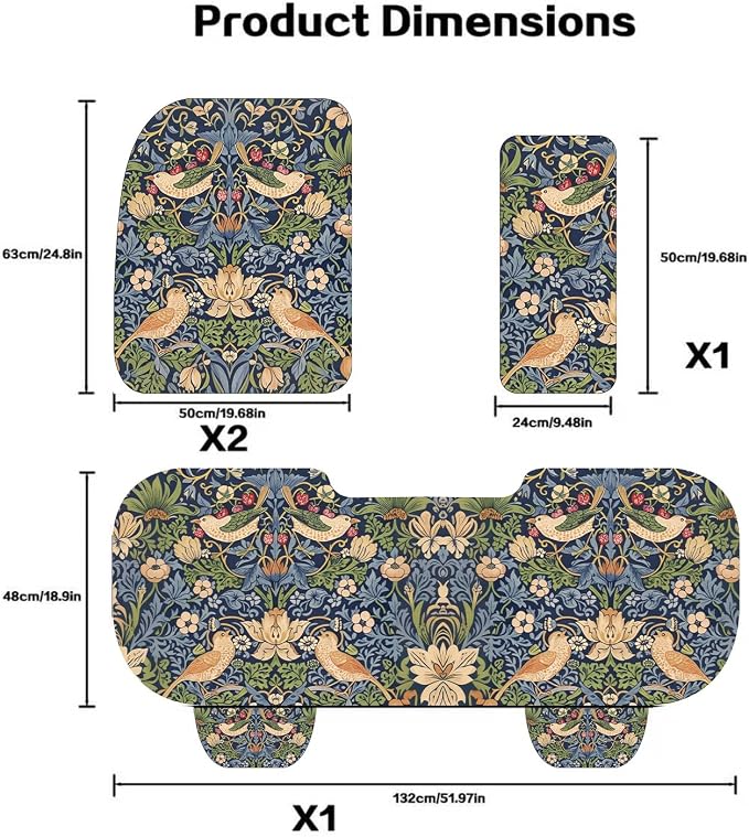 Luxury Boho Car Seat Covers Set,5-Seat Full Set with Headrest,William Morris Vintage Bohemian Floral Pattern Honeycomb Knit Fabric,Breathable&All-Season Universal Automotive Seat Protectors