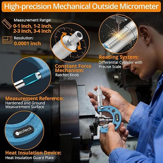 Neoteck 0-4"/0.0001" Outside Micrometer 4PCS Hardened Steel Precision Mechanical Micrometer Set with 1"/2"/3"Calibration Standards Wrench and Case for Machining, Automotive, Inspection