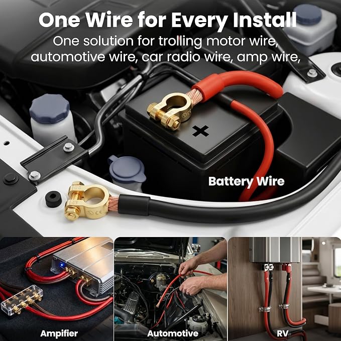 GEARit 8 Gauge Amp Wiring Kit CCA 3-in-1, 8 AWG Copper Clad Aluminum Power & Ground Battery Cable, 25 ft Each Black & Red, with 15 Lugs & 20 Heat Shrink for Car Audio