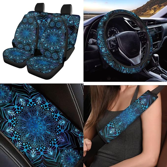 Blue Mandala Car Seat Covers Full Set 12 Pack Steering Wheel Cover Center Console Cover Cars Coasters Car Seat Belt Cover Universal Fit Automotive Most Cars