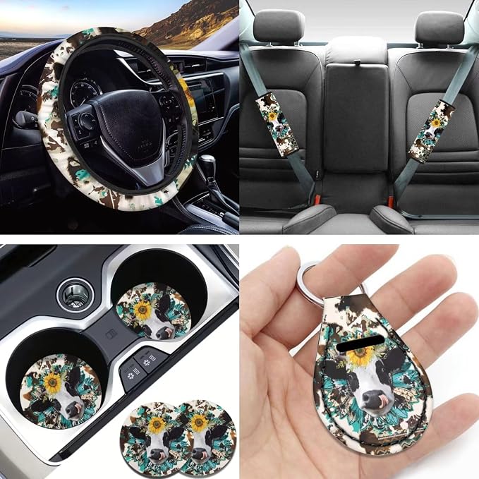 Cow Car Seat Covers Sets11pcs,Sunflower Western Cow Auto Seat Protector Pad+Seatbelt+Steering Wheel Cover+Car Coasters+ Interior Accessory+Cowhide Keychain for Women Men