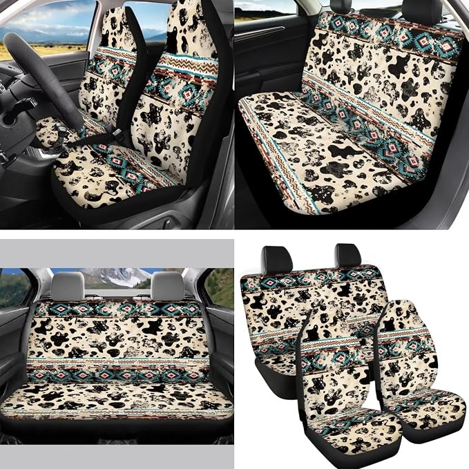 Western Aztec Cow Automotive Seat Cover Full Set Car Protection Accessory,Comfy Elastic Front Rear Bench Seat Covers for Most Vehicle,Steering Wheel Cover,Keychain,Coaster,Mirror Covers