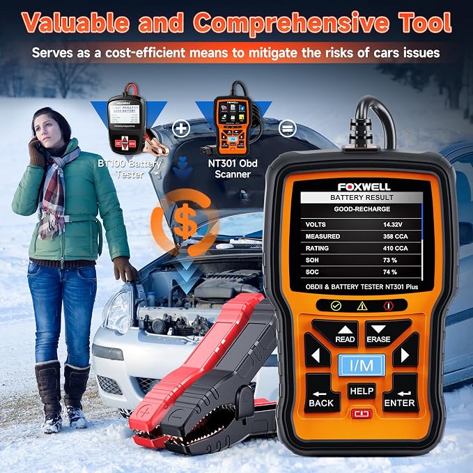 FOXWELL NT301 Plus 2 IN1 OBD2 Scanner Battery Tester with Case with OBD2 Extension Cable