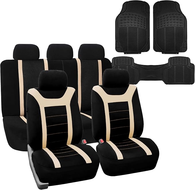 FH Group Car Seat Covers Universal Fit Full Set Interior Accessories, Sports Beige Seat Covers with Airbag and Split Rear Automotive Combo Vinyl Floor Mats Seat Covers for Cars Vans Trucks and SUV