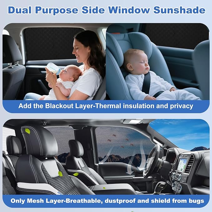 XCBYT 2015-2020 f150 Window Shades - Switch Between Total Blackout & Bug-Free Ventilation Car Window Covers | Reflective Silver 99% UV Heat Shield Breathable Mesh Side Window Sun Shade (4 PCS)