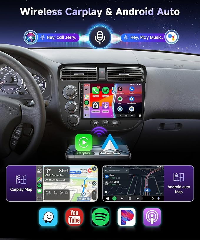 Built-in DSP Car Stereo Radio for Honda Civic 2001 2002 2003 2004 2005 with Wireless CarPlay Android Auto Mirror Link Podofo 9 inch IPS Touch Screen Bluetooth GPS 5G WiFi Backup Camera Mic