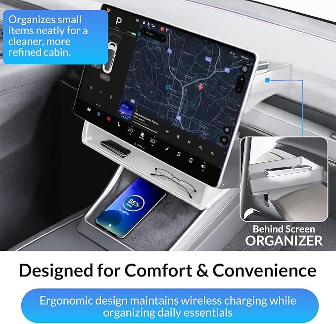 Tesla Model Y Under Screen Organizer (2021-2024) & Model 3 (2017-2023) – Hidden Center Console Storage Tray, Anti-Slip Silicone, ABS Interior Accessory - White