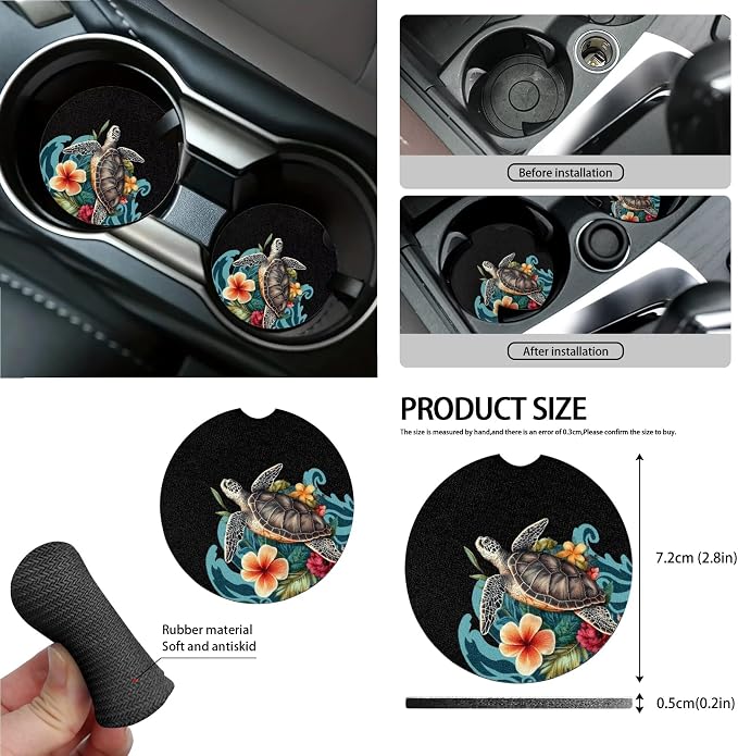 Turtle Frangipani Wave Print 15 Pack Car Accessories Set with Car Seat Covers Seatbelt Strap Pad Air Vent Storage Bag Steering Wheel Cover Rearview Mirror Cover Cup Holder Keychain