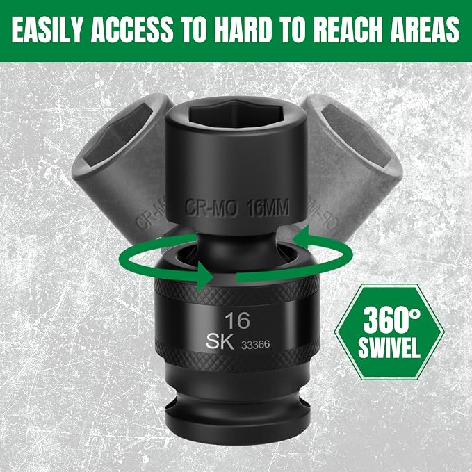 SK 3/8" Drive Universal Swivel Impact Socket Set, Metric Socket Set, 10-Piece, Premium CR-MO Steel, SureGrip 6 Point Design, with Storage Case
