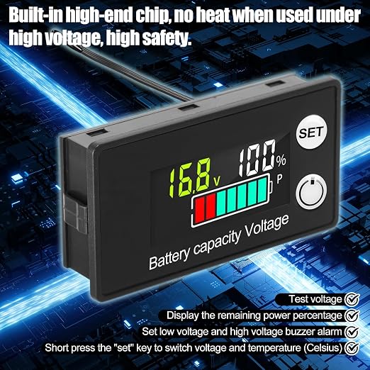 Kingdder 4 Pack Digital Battery Monitor for Golf Cart 8-100v, 12v 24v 36v 48v 60v 72v, LCD Display with Capacity Alarm & Temperature Sensor for Marine Boat/Car/Motorcycle Lithium Lead Acid Batteries