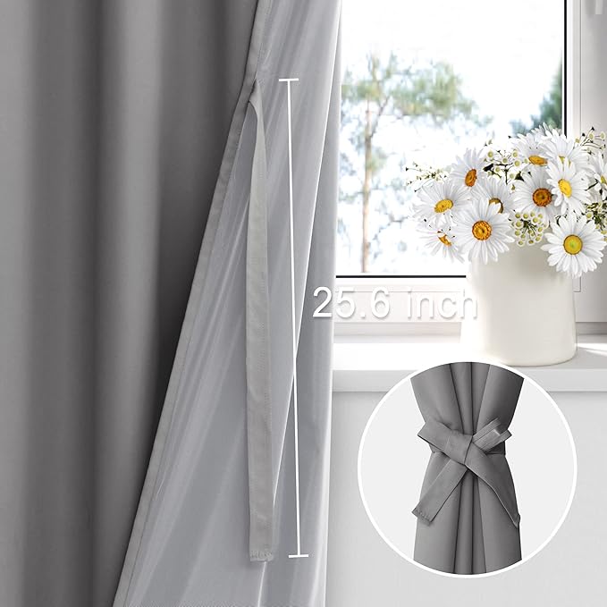 XWZO Complete Blackout Shades Window Curtain Panels with Tiebacks- Noise Reduction and Light Blocking Grommet Curtains with Black Liner for Studio, Basement Room, Grey, W42 x L45, Set of 2